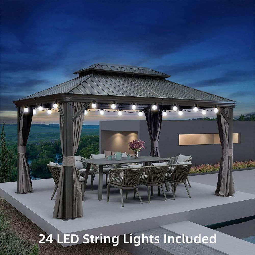 PURPLE LEAF 10' x 14' Hardtop Gazebo with String Lights Galvanized Steel Double Roof Gazebo with Aluminum Frames Outdoor Large Pavilion Gazebos for Patio Deck Garden, Light Grey