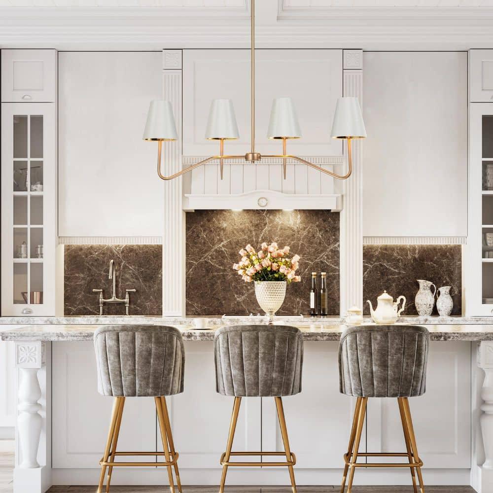 Brightever 4-Light Gold Linear Chandelier, Kicthen Island Light Fixture for Dining Room Over Table, Modern Pendant Lighting with White Fabric Shades for Pool Table, E12 Base (Bulb not Included)