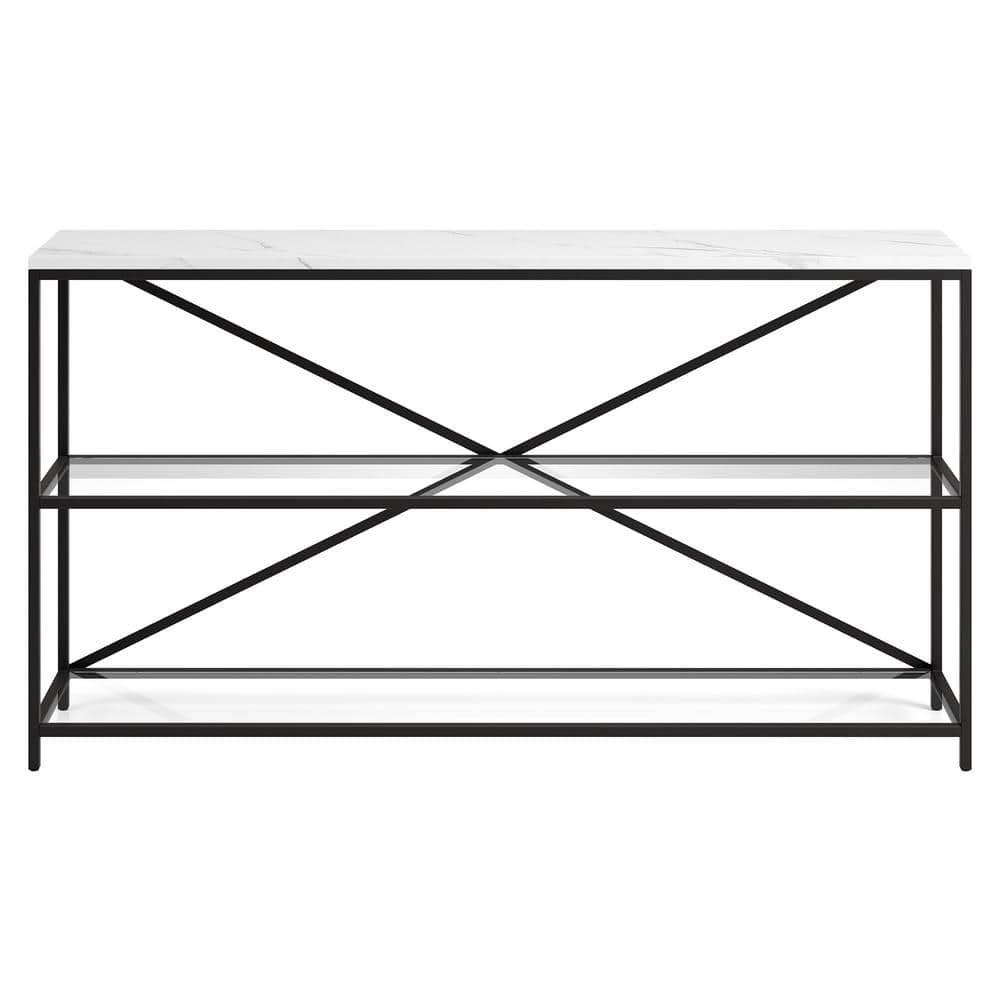 Evelyn&Zoe Fionn 55" Wide Rectangular Console Table with Faux Marble Top, Blackened Bronze