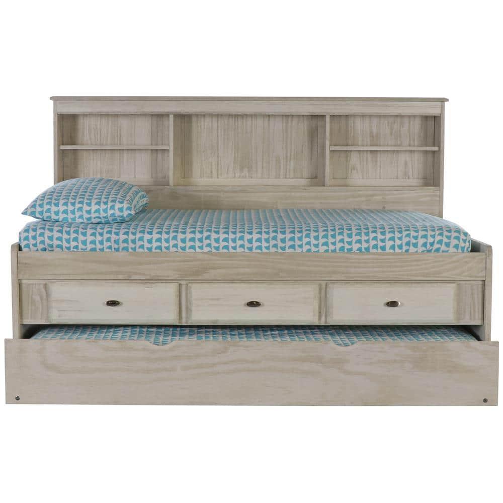 American Furniture Classics OS Home and Office Furniture Model 85222K3-22, Solid Pine Twin Daybed with Three Sturdy Drawers and a Twin Sized Trundle in Light Ash