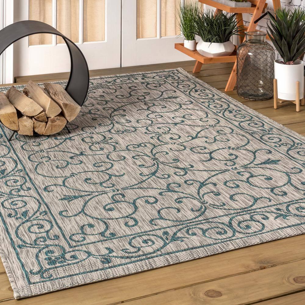 5'x8' Charleston Vintage Filigree Textured Weave Indoor/Outdoor Area Rug, Gray/Teal - JONATHAN Y