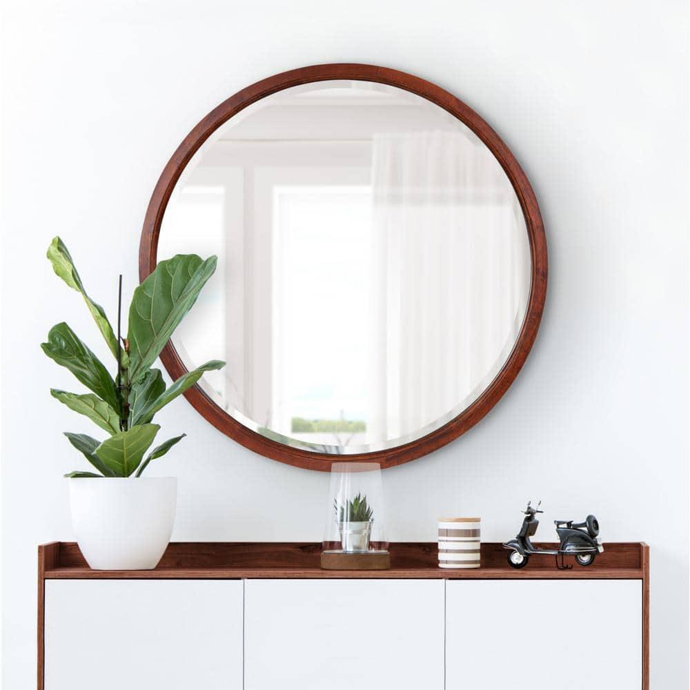 32" x 32" Hogan Round Framed Decorative Wall Mirror Walnut Brown : Modern Wood Frame, No Assembly Required