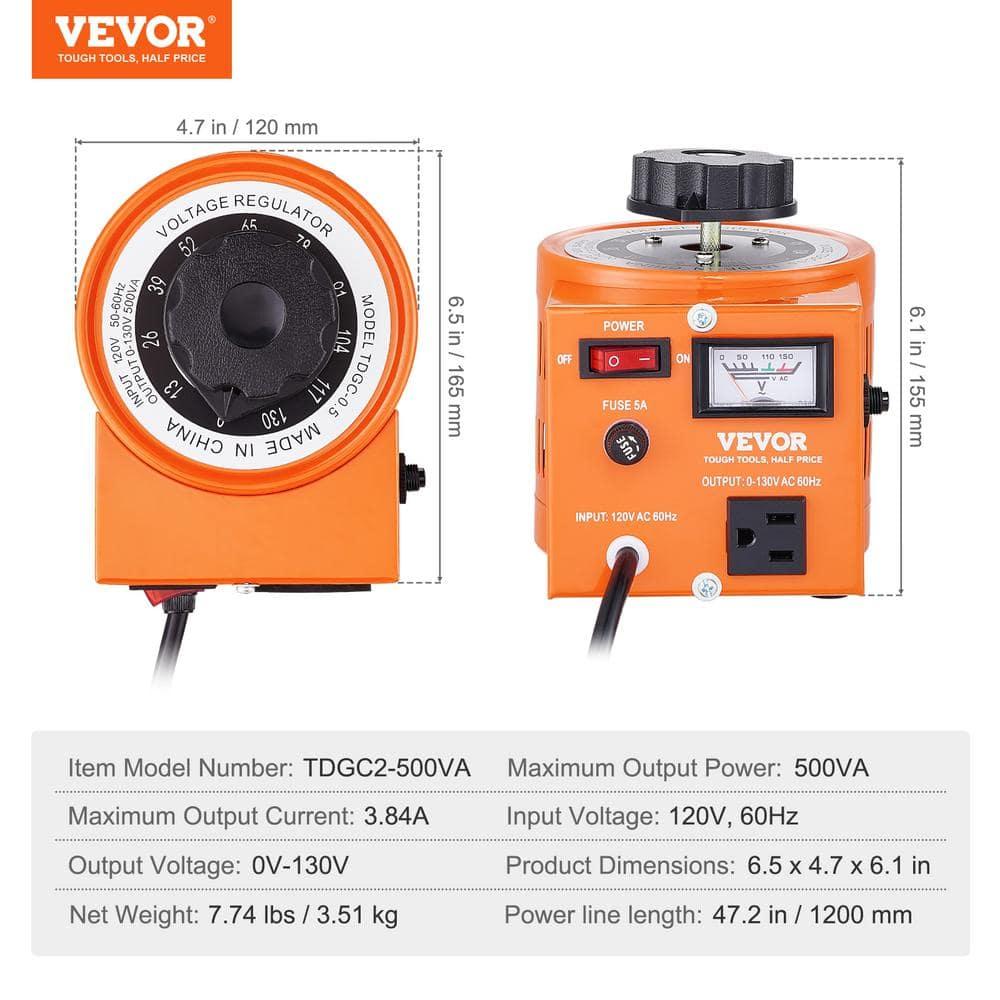 VEVOR 500VA Auto Variable Voltage Transformer, 15.3 Amp, 110V Input 0-130V Output AC Voltag