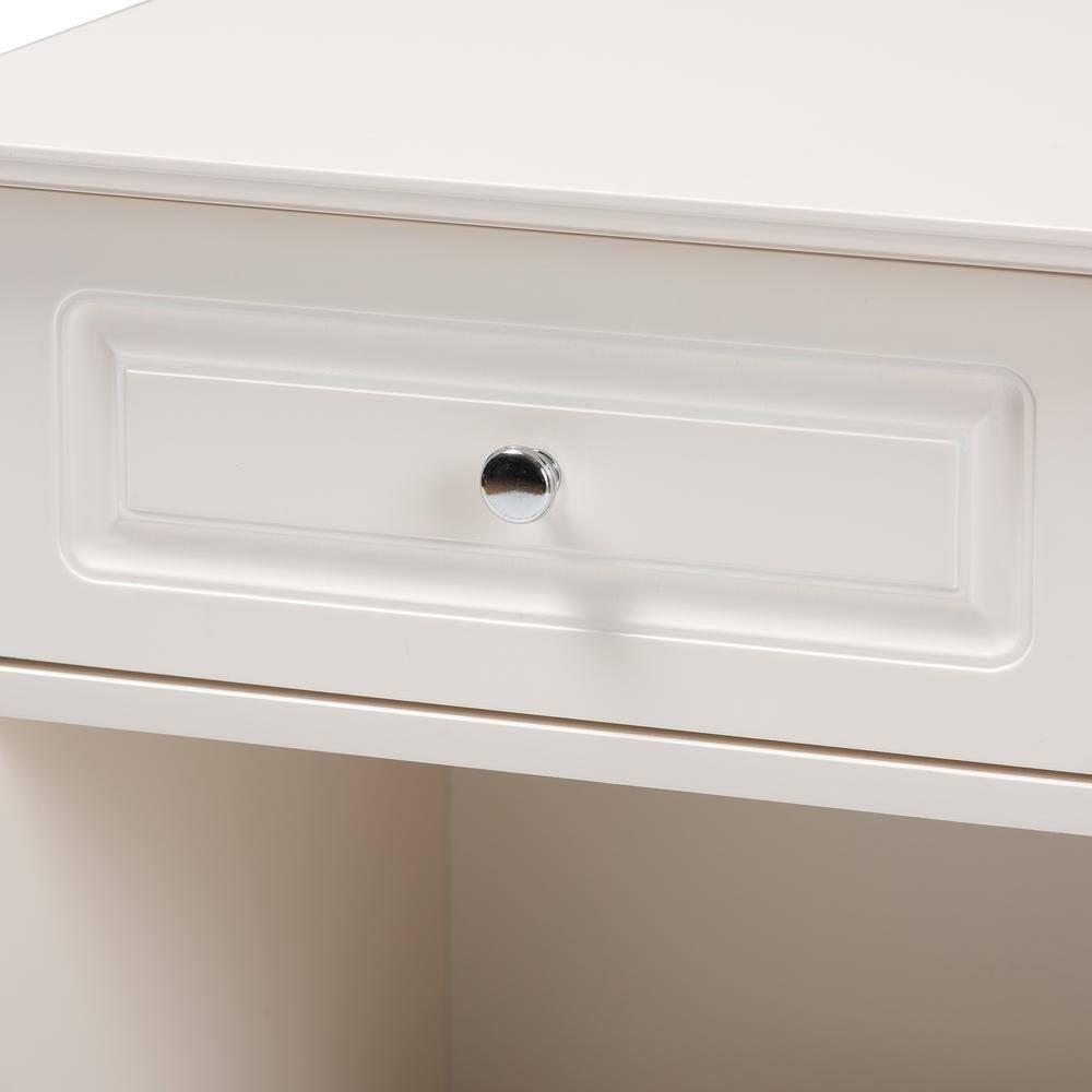 1 Drawer Chase Wood Nightstand White - Baxton Studio: Silver Knob, Open Shelf Storage