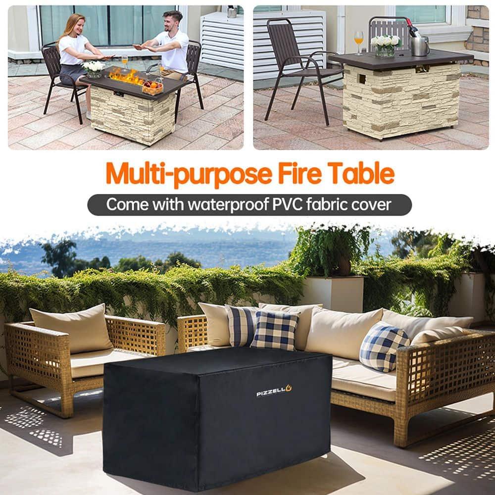 43" Propane Fire Pit Table Outdoor Stone Firepit Table Rectangular 50000 BTU Propane Fire Tables for Outside Patio with Wind Guard, Table Lid, Fire Beads, Cover,Pizzello Caldo (Buff)