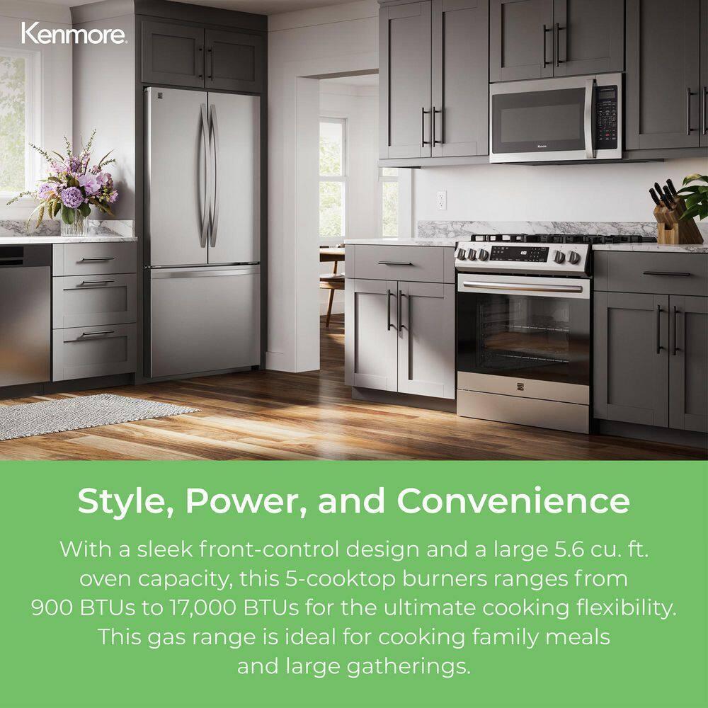 Kenmore 5.6 cu. ft. Front-Control Gas Range with 5 Burners and Hidden Bake Stainless Steel