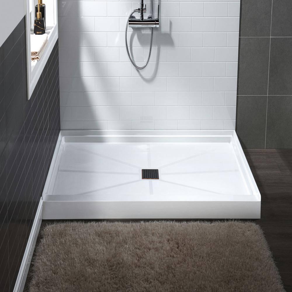 36" Solid Surface Square Single Threshold Shower Pan Base with Drain Assembly & Drain Cover Included, Non-Slip