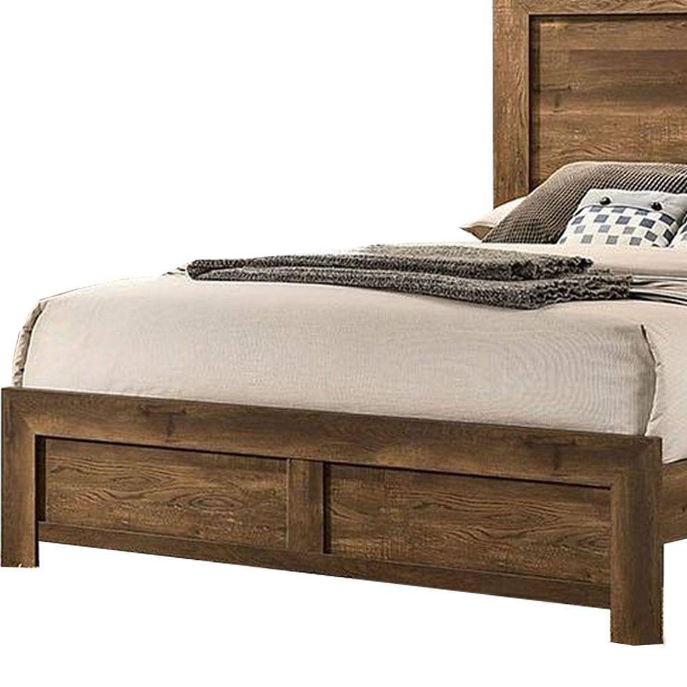 Benjara Rustic Style Wooden Queen Bed with Grain Details, Brown