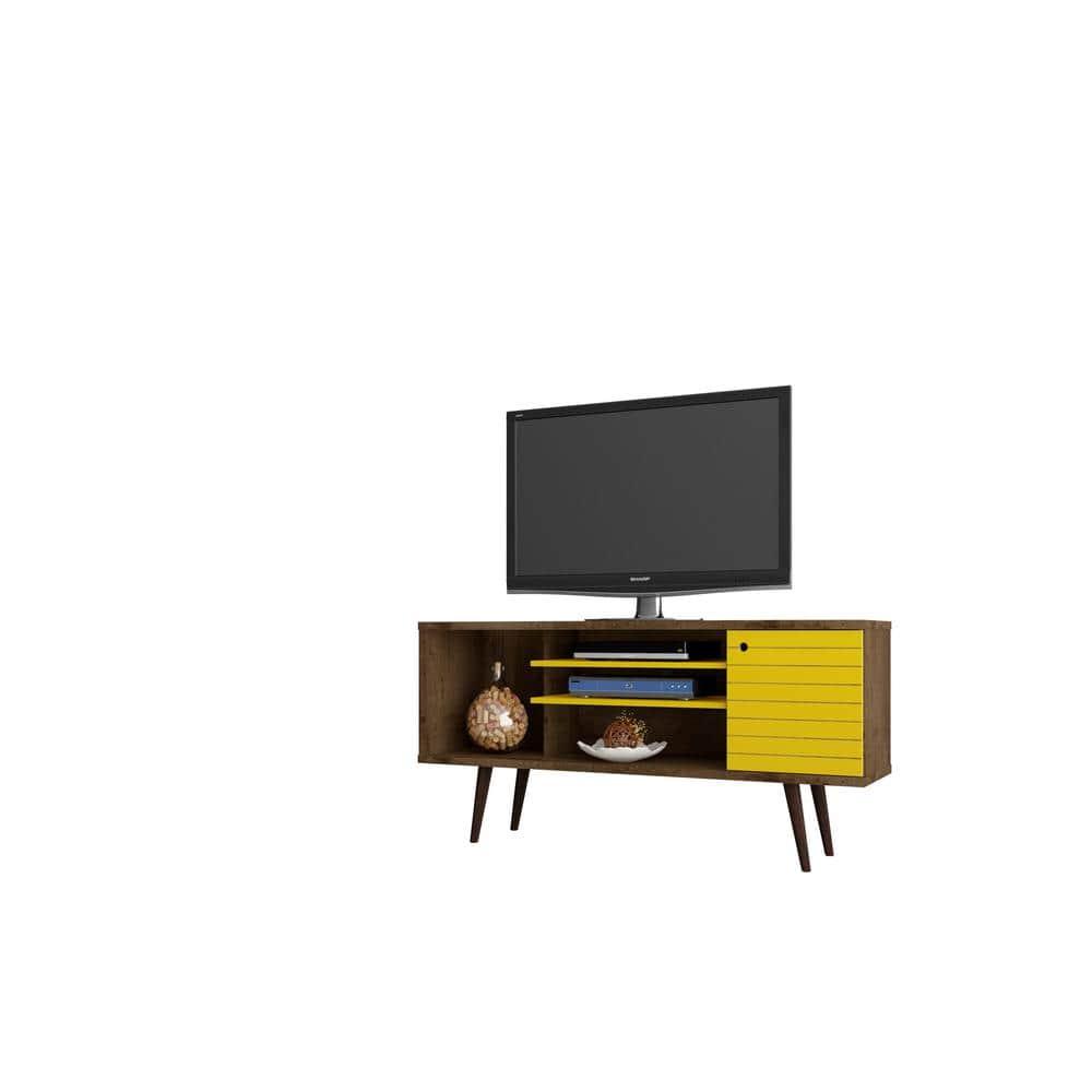 Liberty 53.14" Mid Century - Modern TV Stand with 5 Shelves & 1 Door with Solid Wood Legs, Brown, Yellow