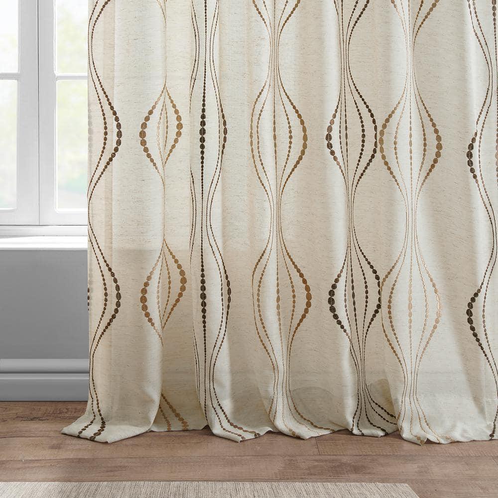 Suez Bronze Embroidered Faux Linen Sheer Curtain (1 Panel), Suez Bronze, 50W X 96L