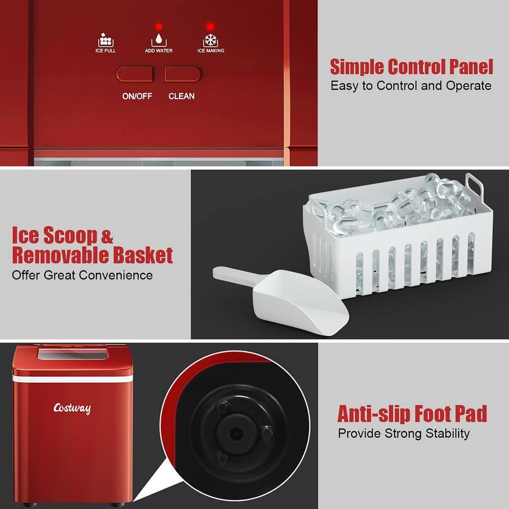 Costway Portable Ice Maker Machine Countertop 26Lbs/24H Self-cleaning w/ Scoop Red