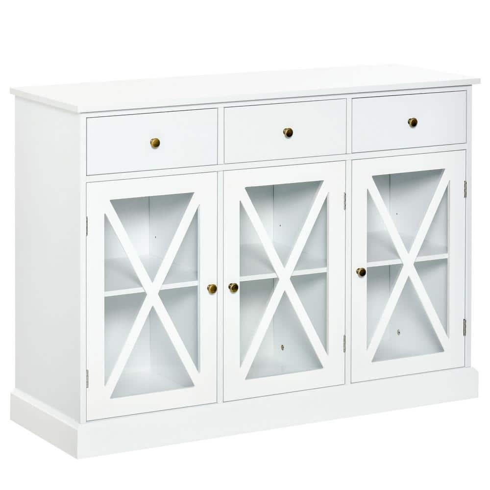 Gracie Oaks 45" Farmhouse Sideboard Buffet Cabinet, Credenza,Coffee Bar Cabinet with Glass Doors and 3 Drawers, White