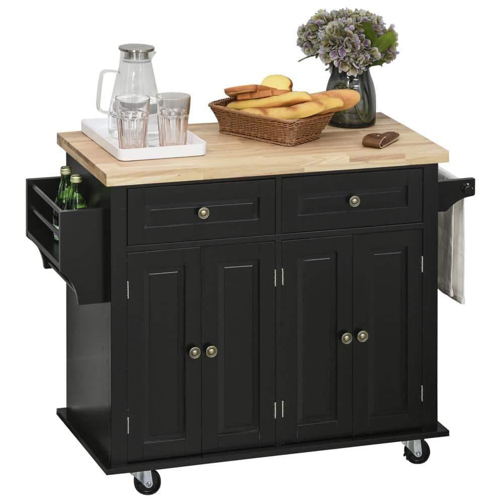 HOMCOM Kitchen Island on Wheels, Rolling Cart with Rubber Wood Top, Spice Rack, Towel Rack & Drawers for Dining Room, Black