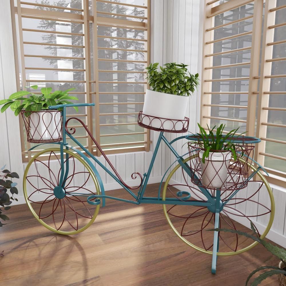 DecMode Vintage Turquoise/Red 3 Tier Bicycle Inspired Metal Plantstand, 54"W x 32"H