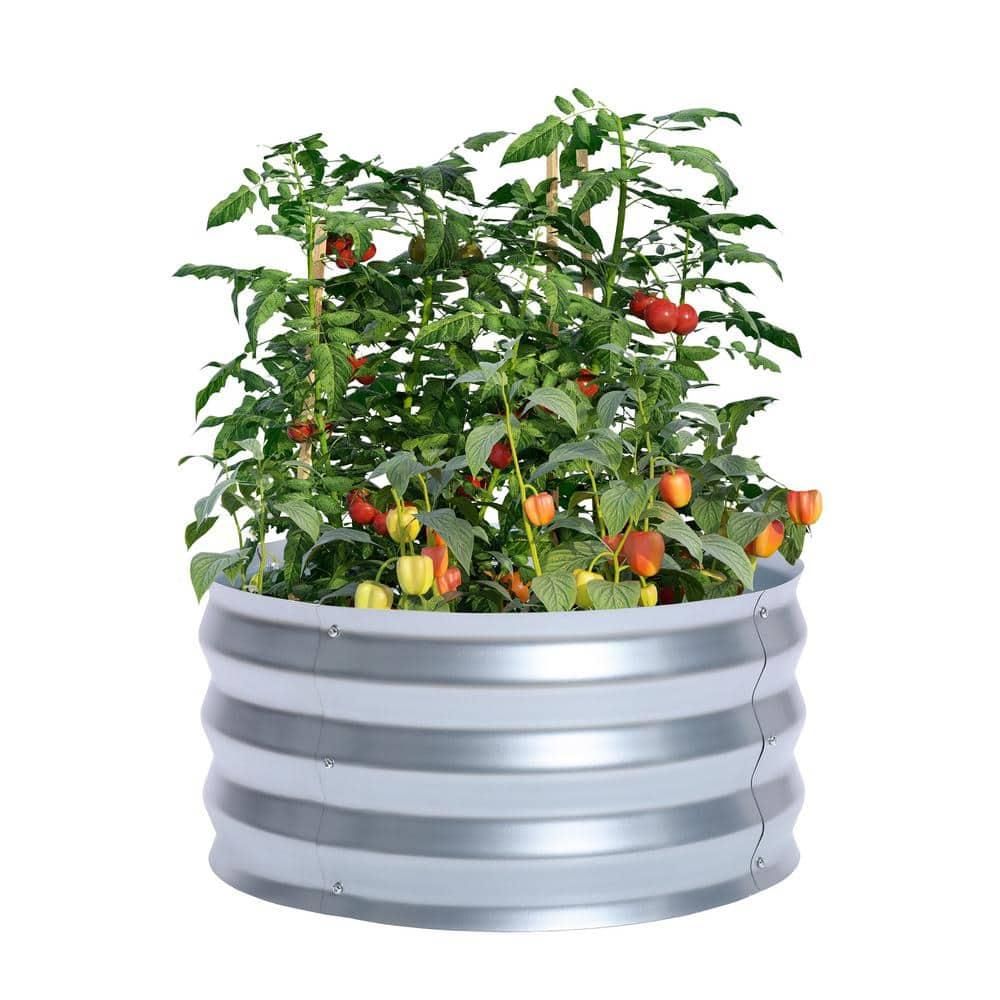 LuxenHome 2ft Round Galvanized Metal Raised Garden Bed Planter Silver