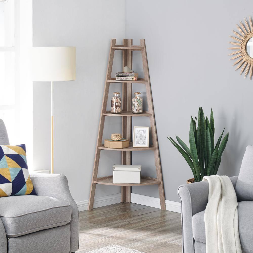 63" x 26.5" Five-Tier Pyramid Corner Ladder Shelf Weathered Oak - Danya B.: Modern Display, Open Shelves