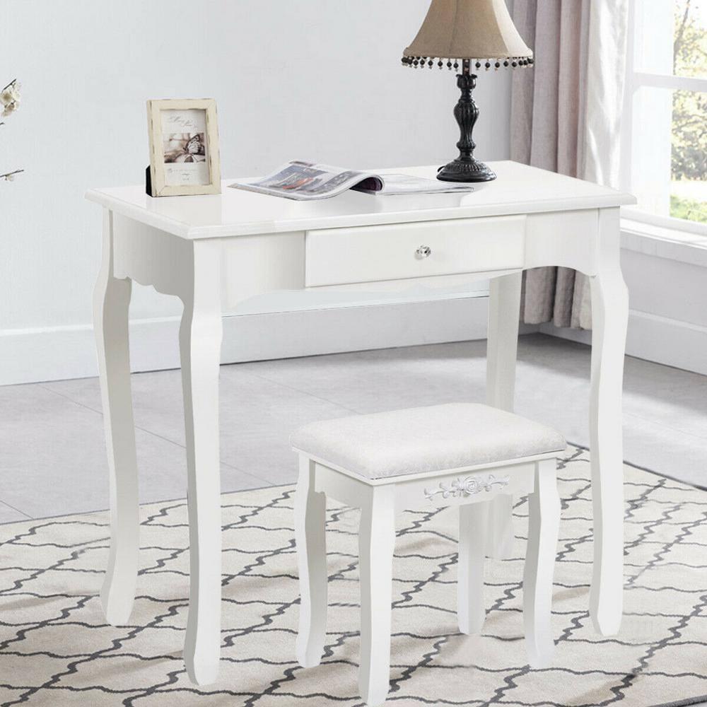 Tangkula Bathroom Vanity Wood Makeup Dressing Table Stool Set Jewelry Desk W/Drawer &Mirror White