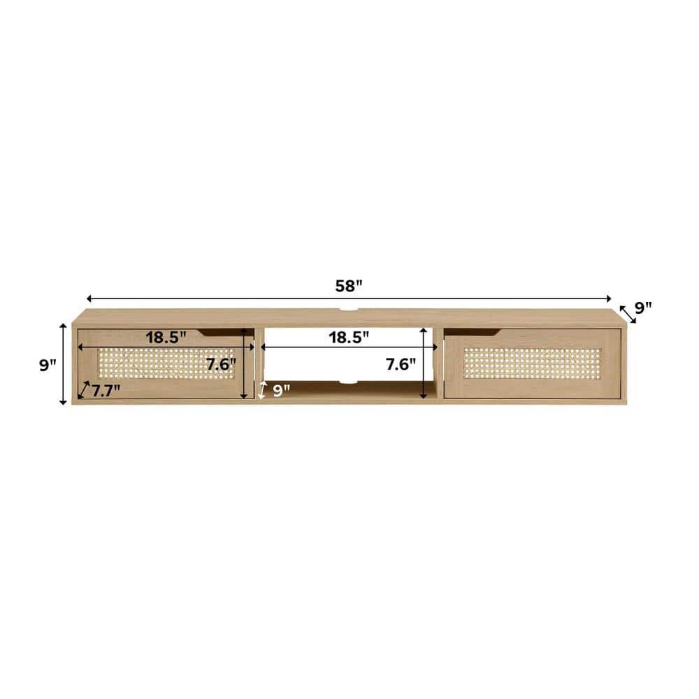 Walker Edison Modern Floating Rattan-Door TV Stand for TVs up to 65”, Coastal Oak