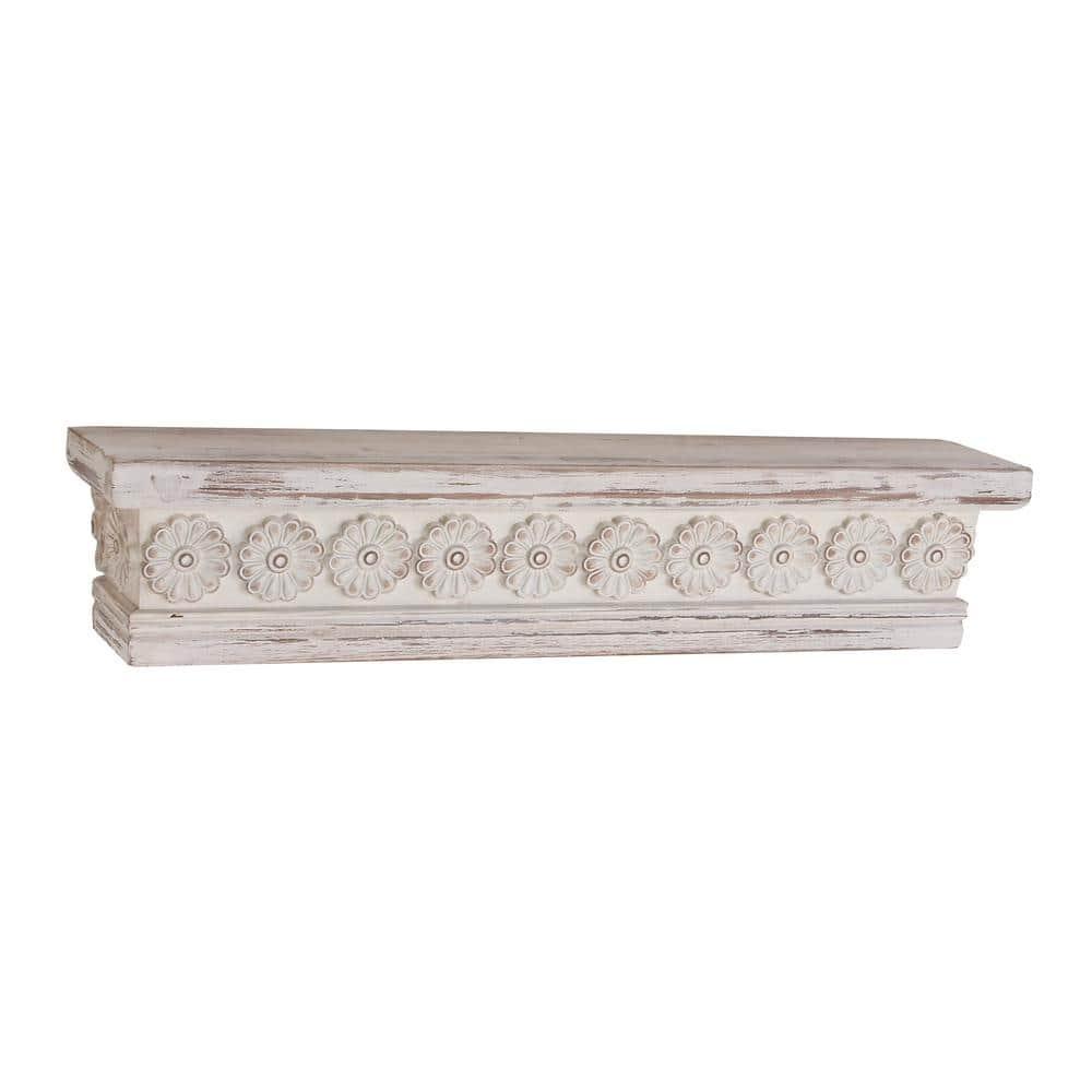 DecMode 28" x 5" Intricate Carved 1-Tier White Floral Wall Shelf
