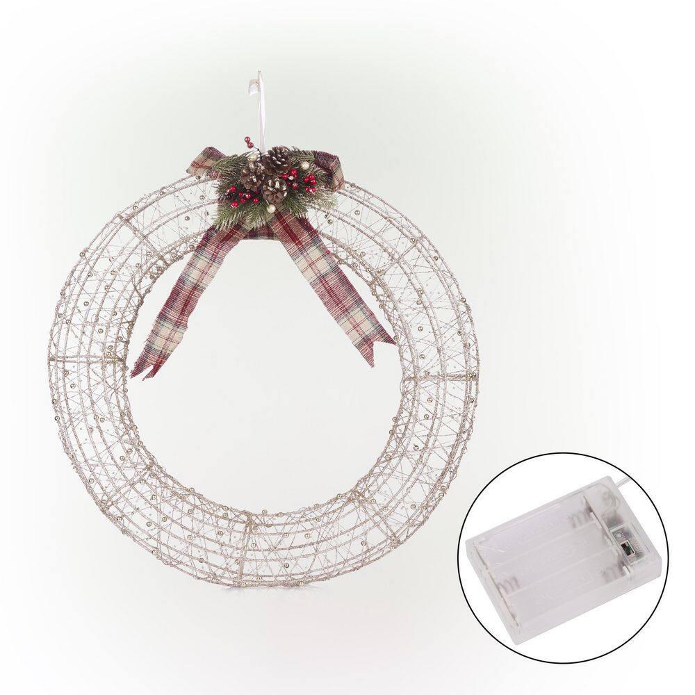 Hanging Christmas Wreath Decoration with Warm White LED Lights, Gold