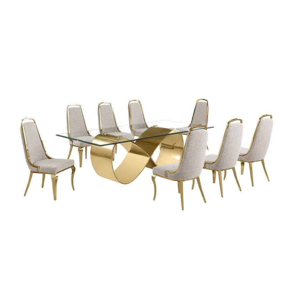 Tempered Glass Dining Set With Boucle Fabric Side Chairs