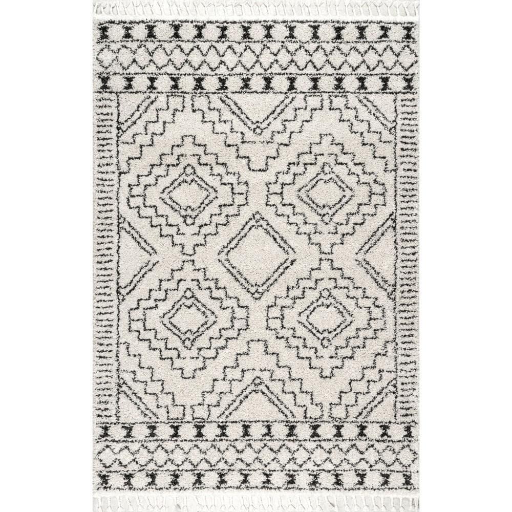 Nuloom Vasiliki Geometric 4x6 Shag Indoor Area Rug for Living Room Bedroom Dining Room Nursery, Off White/Charcoal