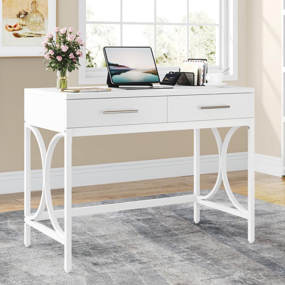 Tribesigns Modern Computer Desk with 2 Drawers, 41 Inches Study Writing Office Desk for Home Office, Bedroom, Makeup Vanity Table Desk with Metal Frame, White