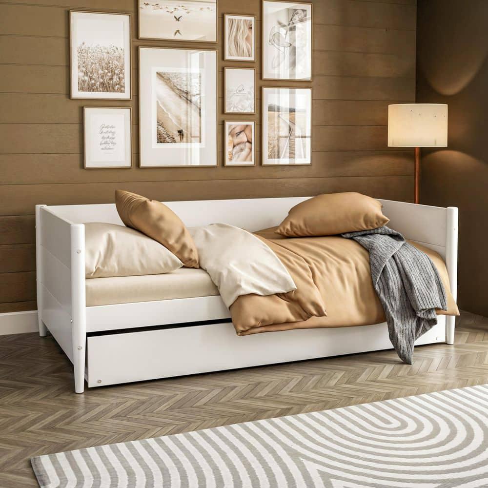 Camaflexi Mid-Century Wood Storage Twin Size Daybed with Trundle White