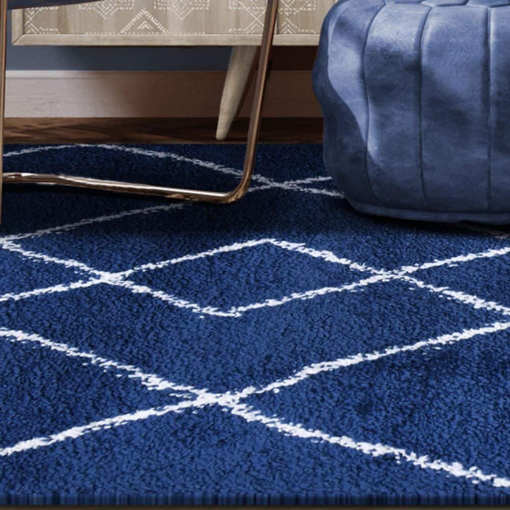 Geometric Diamonds Boho Shag Indoor Tassel Area Rug, Cream/Blue, 8' x 10'