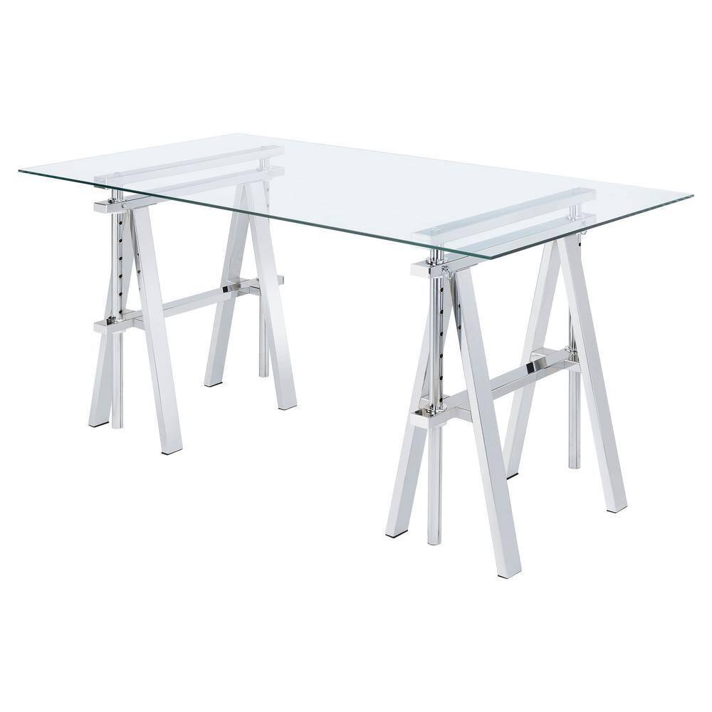Statham Glass Top Adjustable Sawhorse Standing Desk Chrome - Coaster: Industrial Style, Manual Height Adjustability