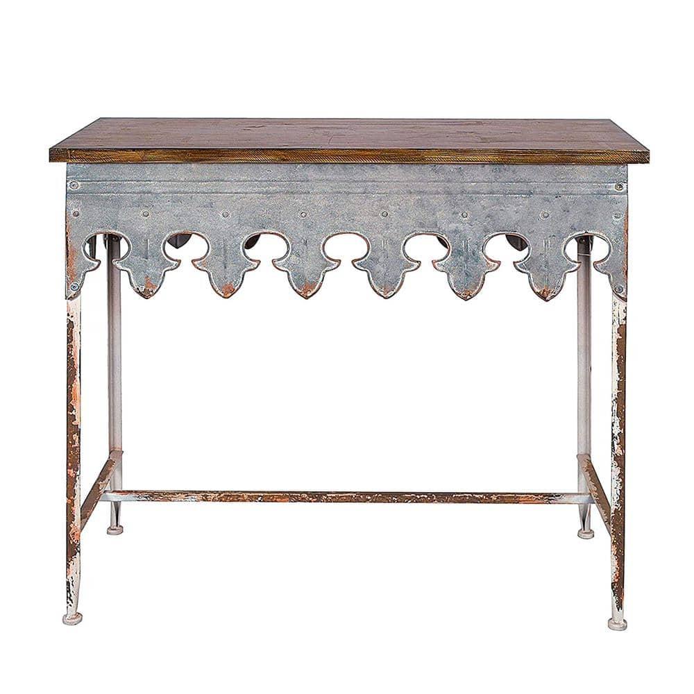 Storied Home Scalloped Sofa Table Silver: Farmhouse Zinc-Finish, Fir Wood Top, 44 lbs Capacity