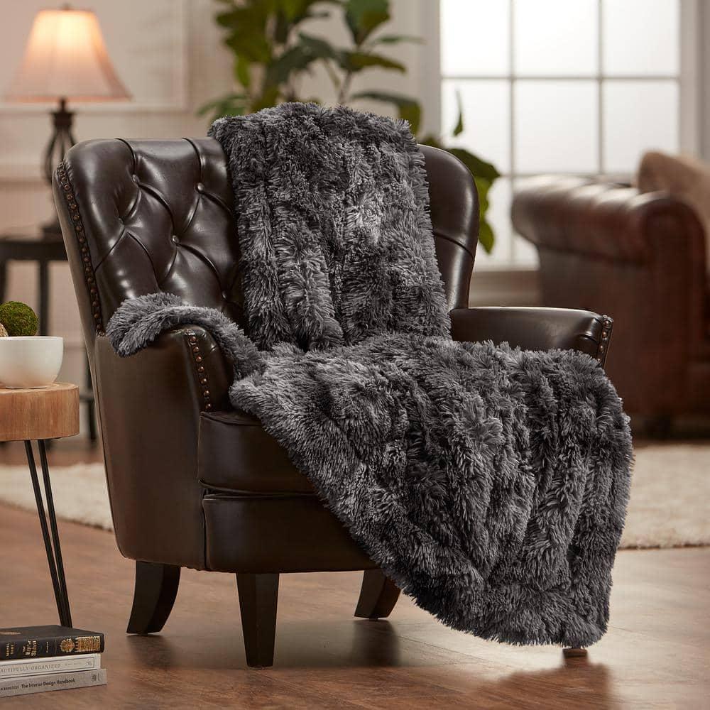 Chanasya Wolf Faux Long Fur Throw Blanket - Soft, Fuzzy Throw Blanket - 50" x 65” - Dark Gray