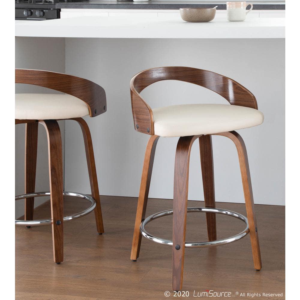 Grotto Mid-Century Modern Counter Stool with Swivel in Walnut with Cream Faux Leather by LumiSource - Set of 2