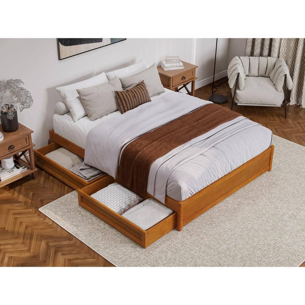 Barcelona Queen Wood Panel Platform Bed with Storage Drawers in Light Toffee