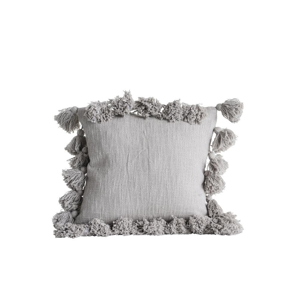 Storied Home Woven Cotton Slub Pillow with Tassels, Grey