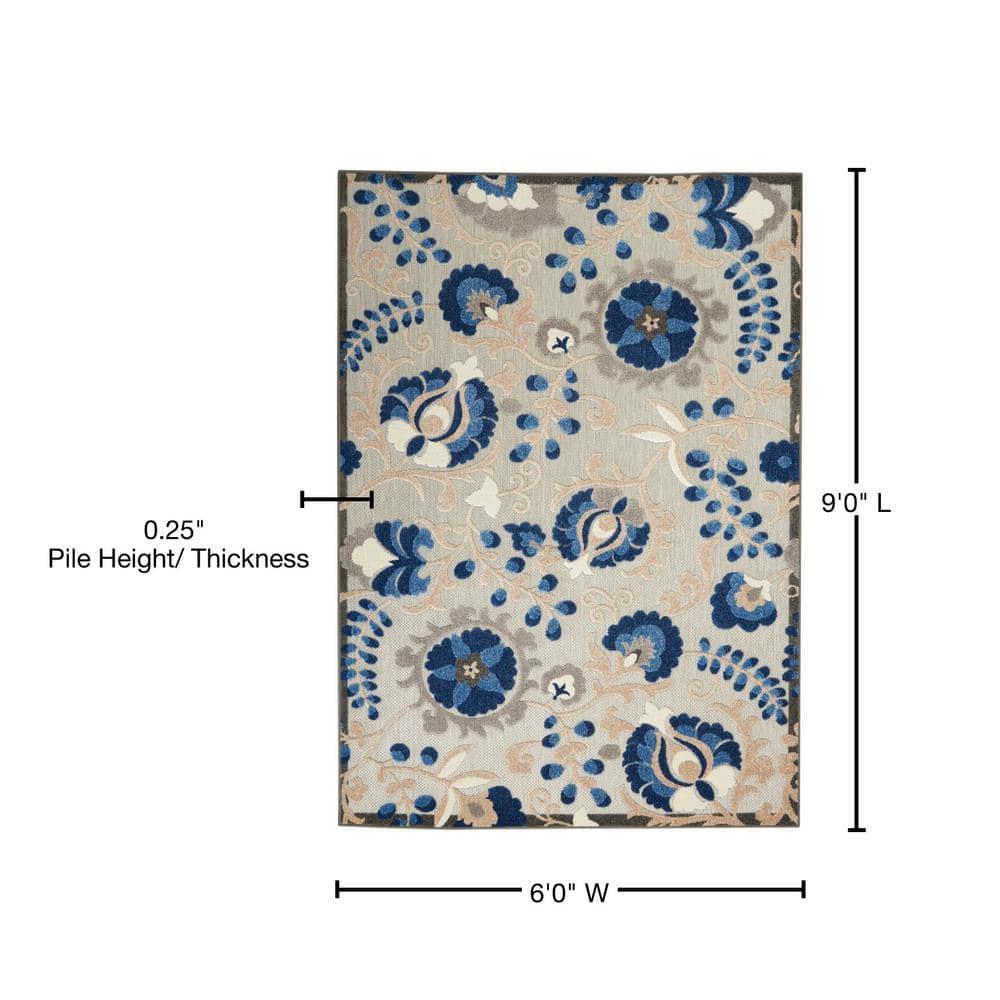 Nourison Aloha Floral Textured Flatweave High-Low Indoor Outdoor Area Rug Natural/Blue 6' x 9'