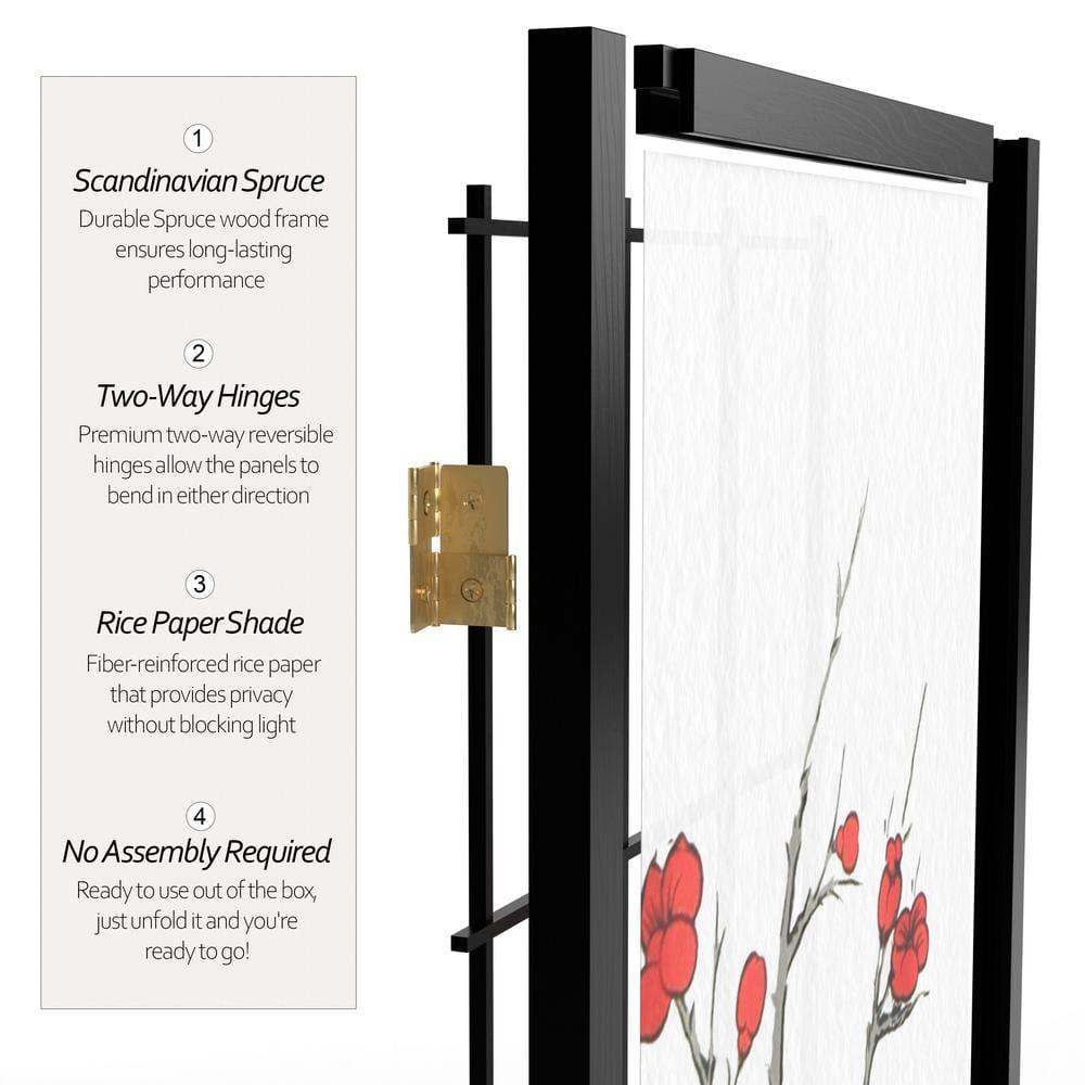 83.5" Black Cherry Blossom Shoji Room Divider with 5 Panels