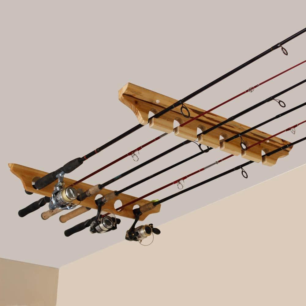 Rush Creek Creations 6 Fishing Rod Wall & Ceiling Rack, Rustic Wood Fishing Rod Holder, Vertical/Horizontal Mount