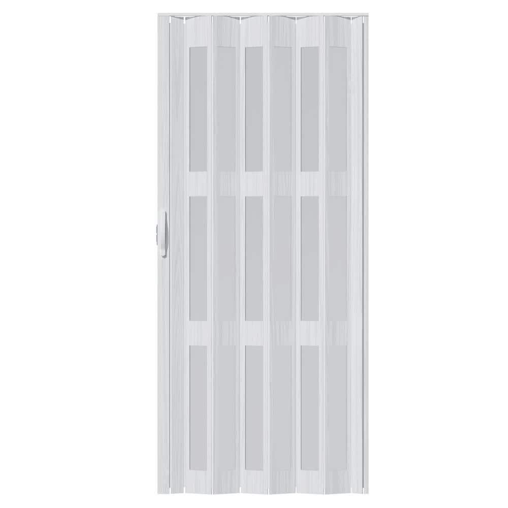 Upgrade Dual Layer Vinyl Accordion Door with Handles and Magnetic Door Lock, 4-Lite Frosted Acrylic Glass, White