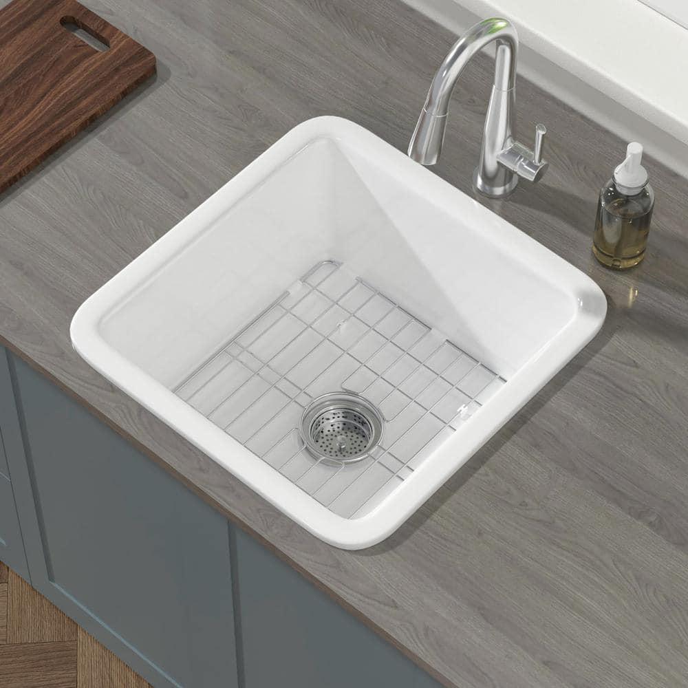18" L x 18" W Single Bowl Fireclay Kitchen Sinks White with Bottom Grids and Basket Strainer