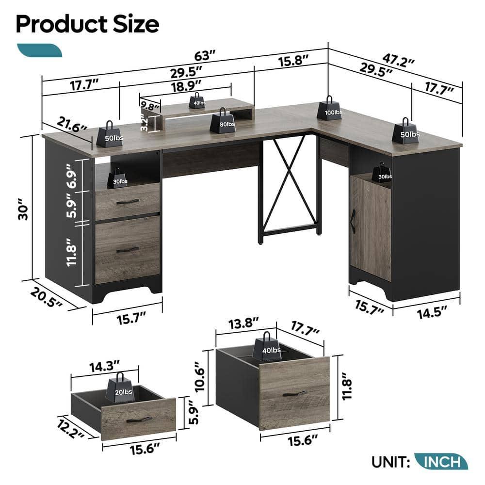 Bestier L Shaped Desk with Drawers 63" Office Computer Desk with Monitor Stand, Gray Wash