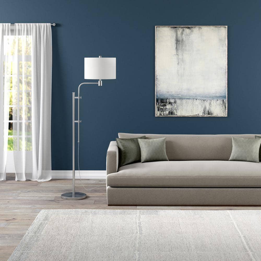 Evelyn&Zoe Polly Height-Adjustable Floor Lamp with Fabric Shade, Brushed Nickel/White