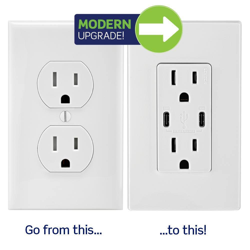 Tamper-Resistant T5635-I 15A 125V 30 watts Tamper-Resistant Duplex Outlet USB Dual Type-C with Power Delivery In-Wall Charger, Ivory
