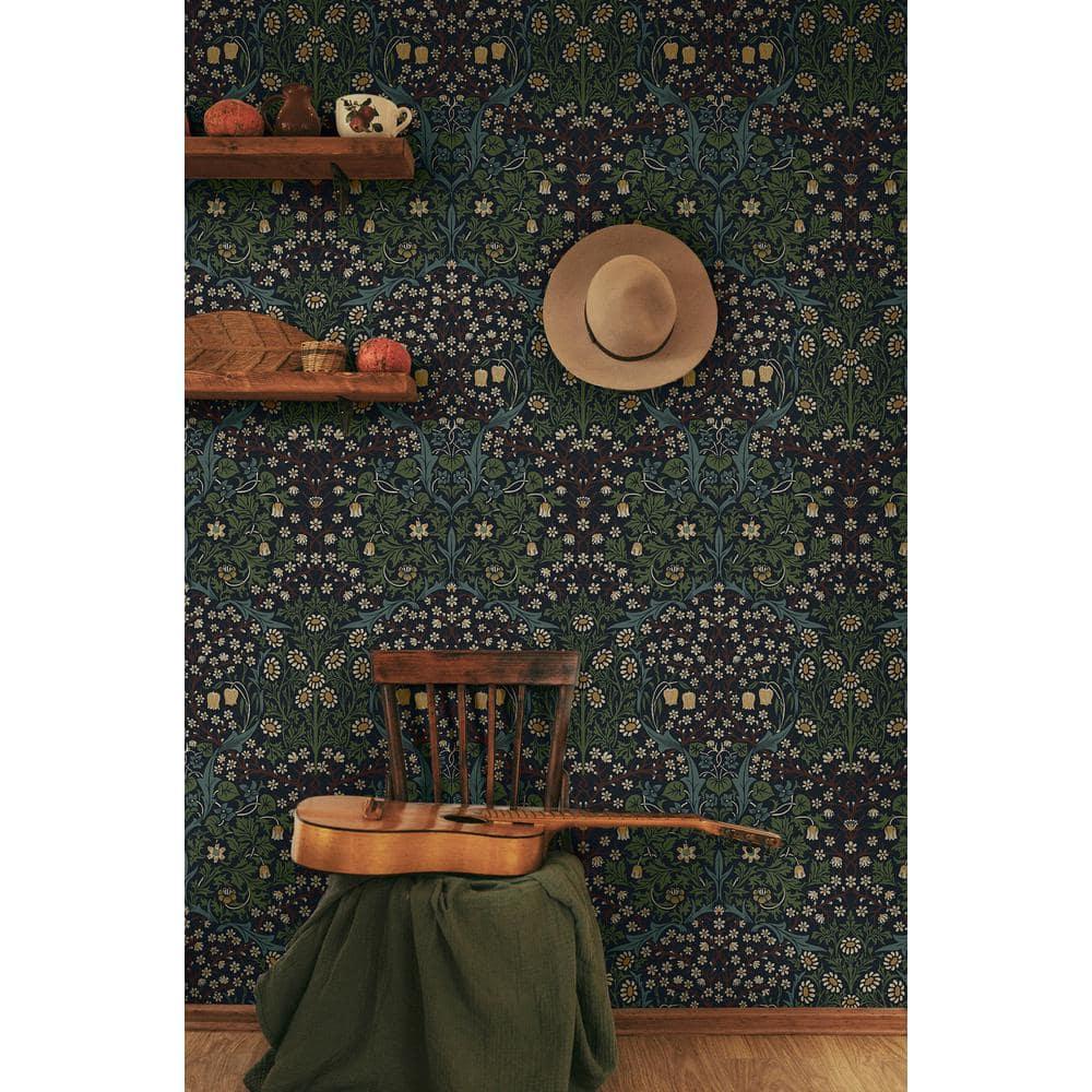 NextWall  Victorian Garden Floral Peel and Stick Wallpaper 20.9 in. W x 18 ft. L - Midnight Blue & Evergreen