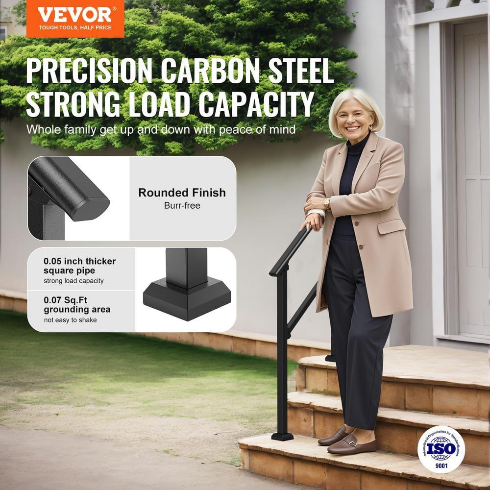 VEVOR Handrails for Outdoor Steps, 2 PCS 2-3 Step Stair Hand Rail Kit, Transitional Carbon Steel Railings with Installation Kit, Stair Rails for Seniors, Concrete & Porch & Deck, Black Square Tube