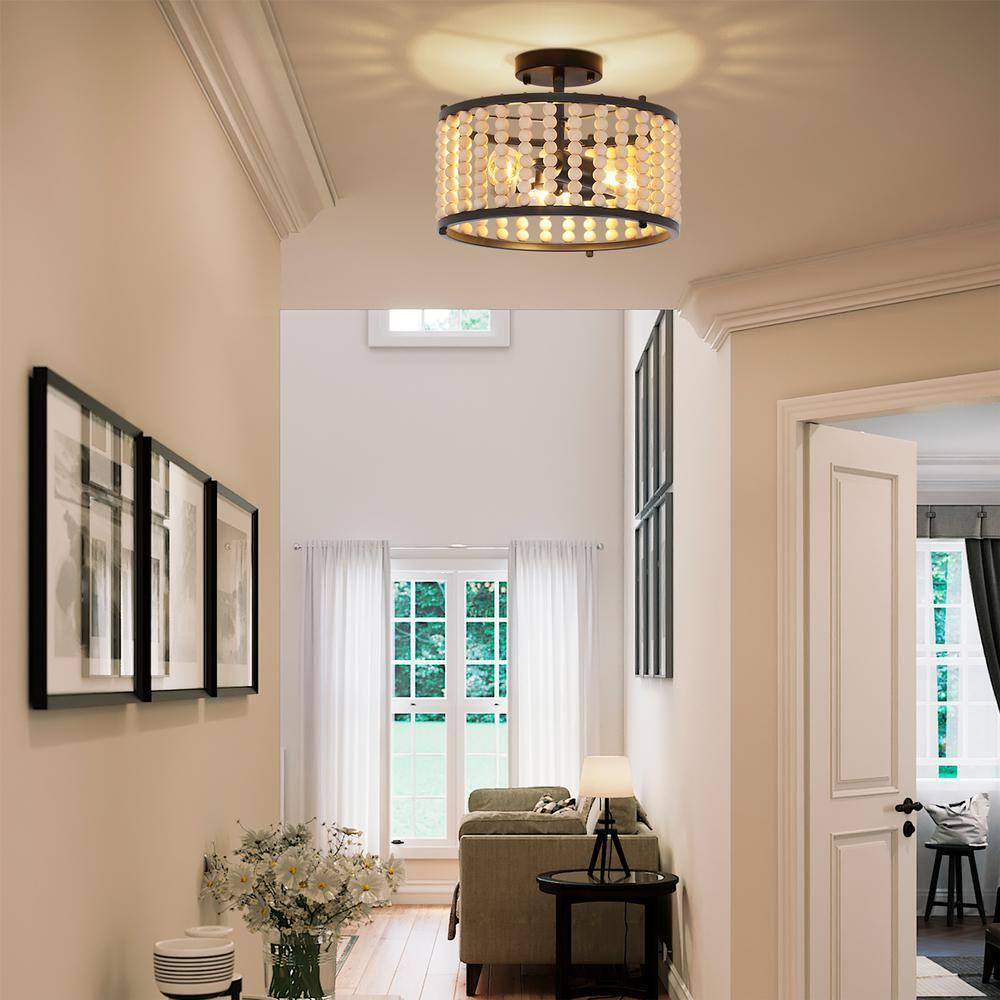 GoYeel Semi Flush Mount Ceiling Light Fixtures 3-Light Wooden Beaded Chandeliers Farmhouse Black