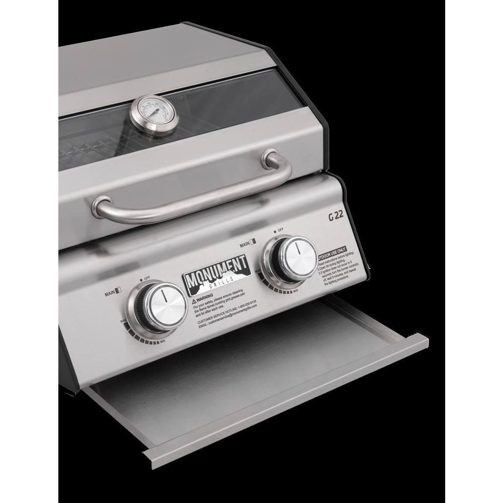 Monument Grills 13742,2-Burner Portable Stainless Steel Tabletop Propane Gas Grill with High Lid and Travel Locks, 15,000 BTU – Perfect for Family BBQs
