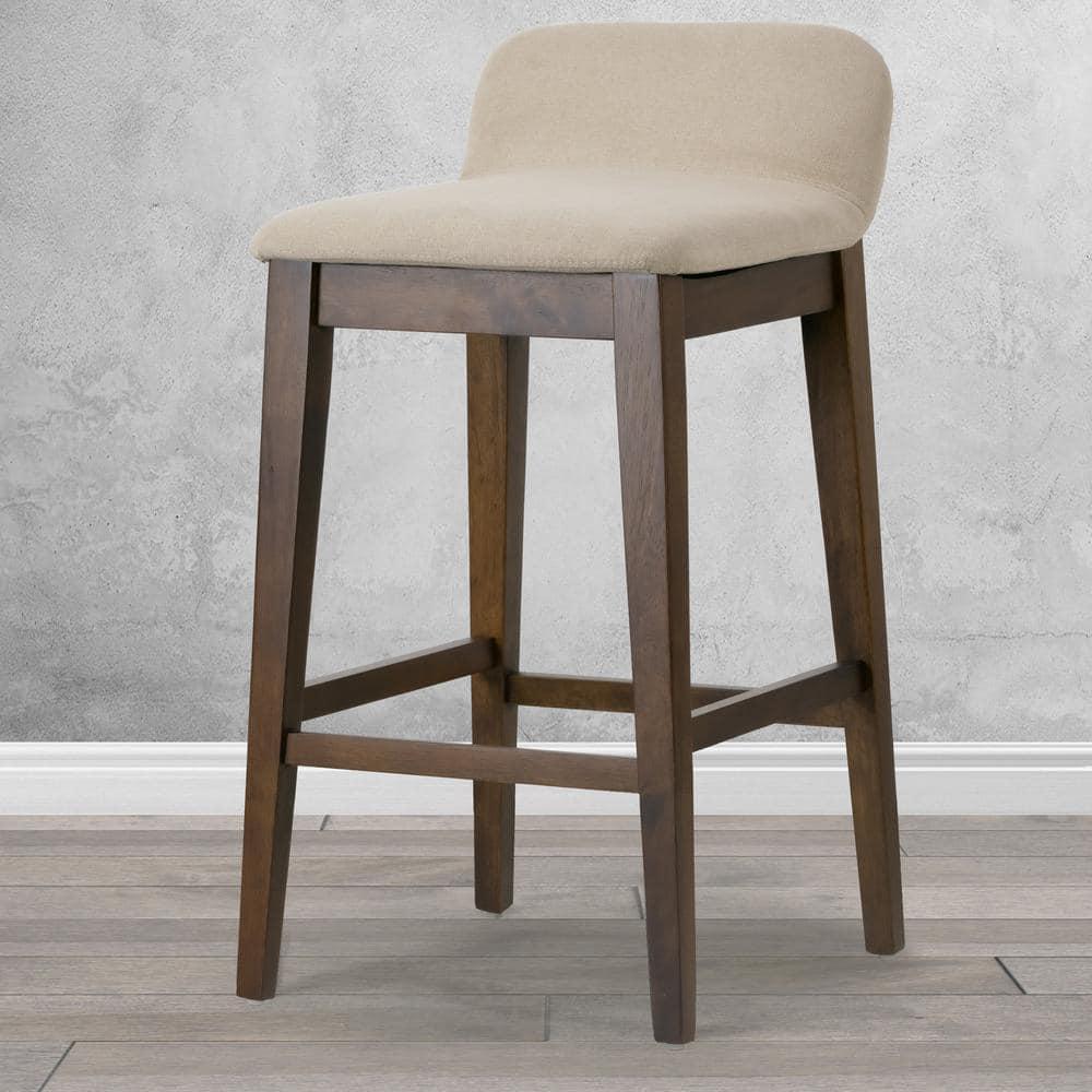 Set of 2 Atia Dark Brown Rubberwood Bar Heigh Barstool with Low Back Fabric Seat