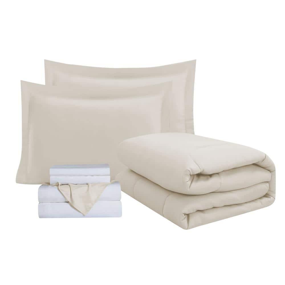 Cathay Home Basic Bedding Home Essential Ultra Soft Lightweight 8PC Wrinkle Resistant Microfiber Bed in a Bag Set (Includes Complete Sheet Set, Comforter Set & Bedskirt) - Twin, Coconut Milk