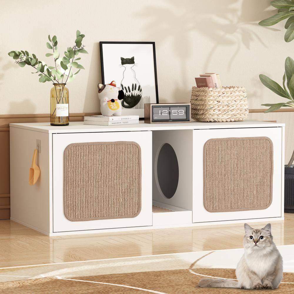 Wooden Hidden Cat Litter Box with 2 Sisal Doors, Litter Box Enclosure Washroom Storage Cabinet Bench End Table